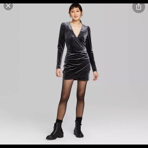 Gray long sleeve mini length velvet  v neck dress